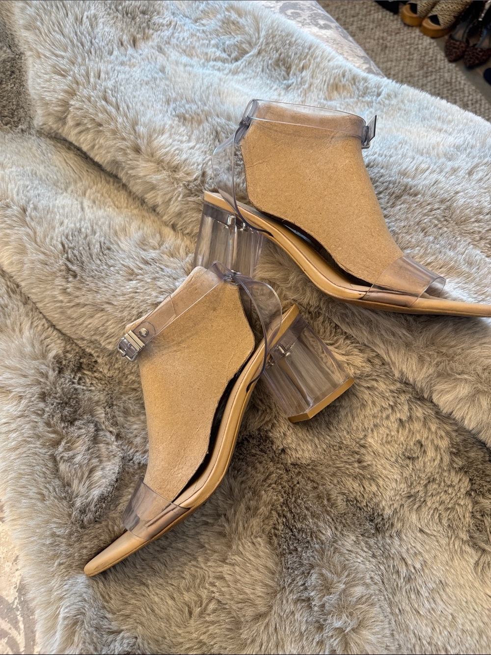 Gianni Bini Tan Suede Clear Strap Block Heel Sandals
